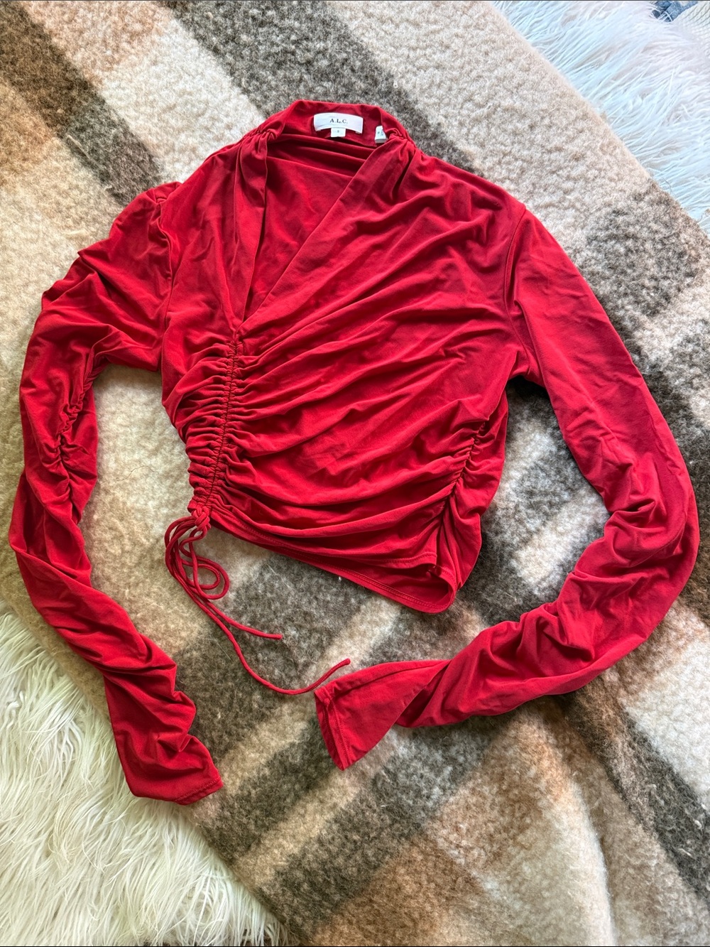 A.L.C. Red Ruched Drawstring Long-Sleeve V-Neck Top